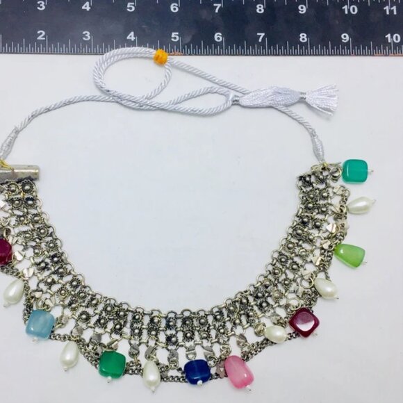Multicolor Stones Choker Necklace, Silver Boho Choker With Pearls - Picture 4 of 9